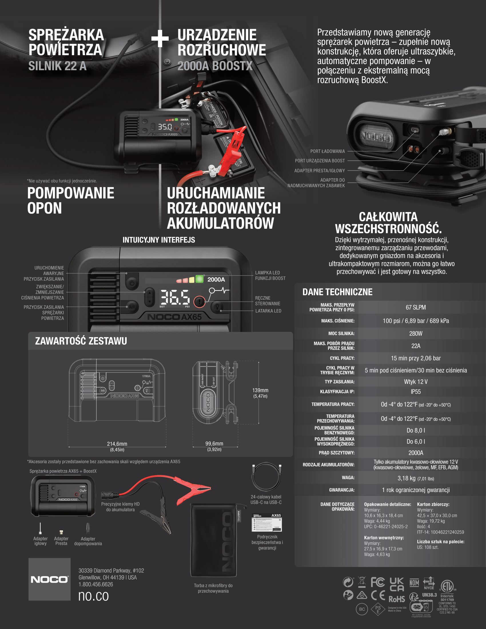 NOCO AX65 12V 2000A Urządzenie rozruchowe z kompresorem 22A 100PSI 6,9 BAR