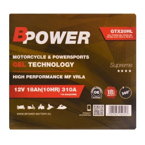 BPower Supreme GEL GTX20HL 12V 18Ah 310A / YTX20HL-BS, YTX20L-BS, YB16HL-A-CX, YB18-A, YB18L-A
