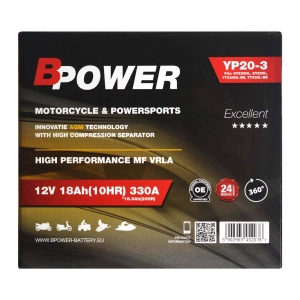 BPower Excellent AGM YP20-3 12V 18Ah 330A / GYZ20HL, GYZ20L, YTX20HL-BS, YTX20L-BS